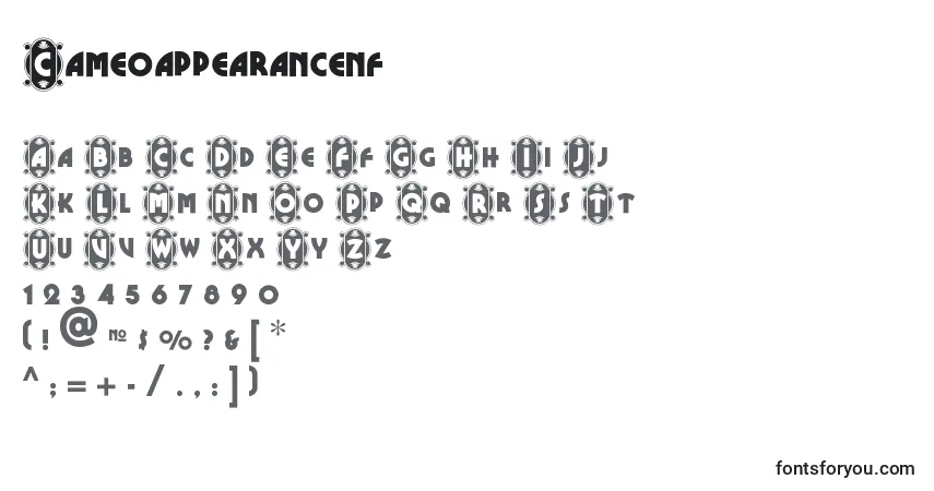 A fonte Cameoappearancenf (56959) – alfabeto, números, caracteres especiais