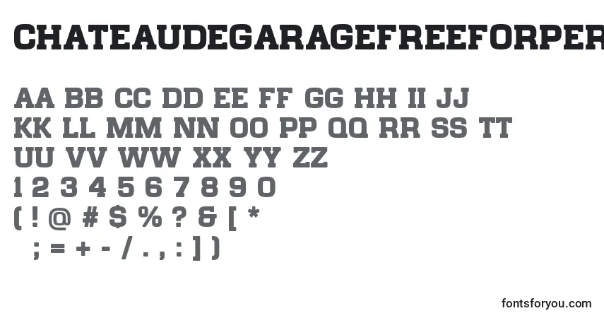 Czcionka ChateaudegarageFreeForPersonalUseOnly – alfabet, cyfry, specjalne znaki