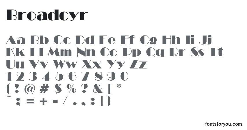 A fonte Broadcyr – alfabeto, números, caracteres especiais