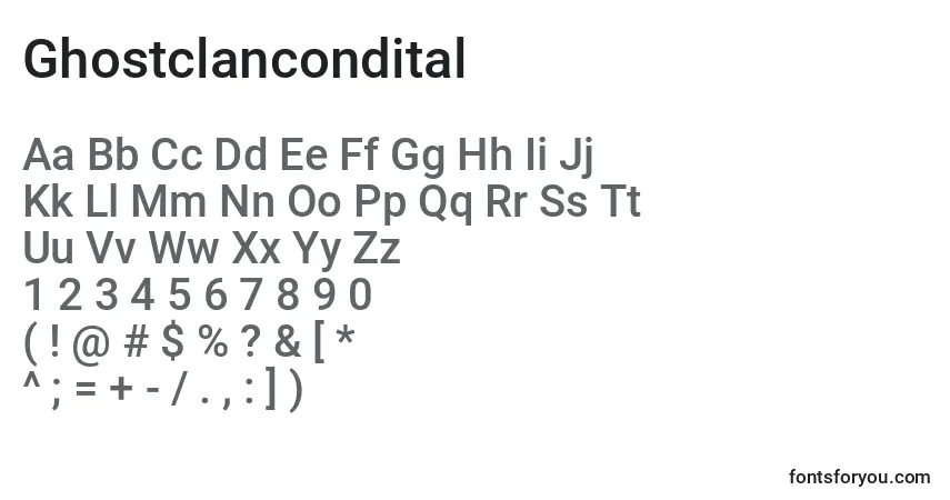 Czcionka Ghostclancondital – alfabet, cyfry, specjalne znaki