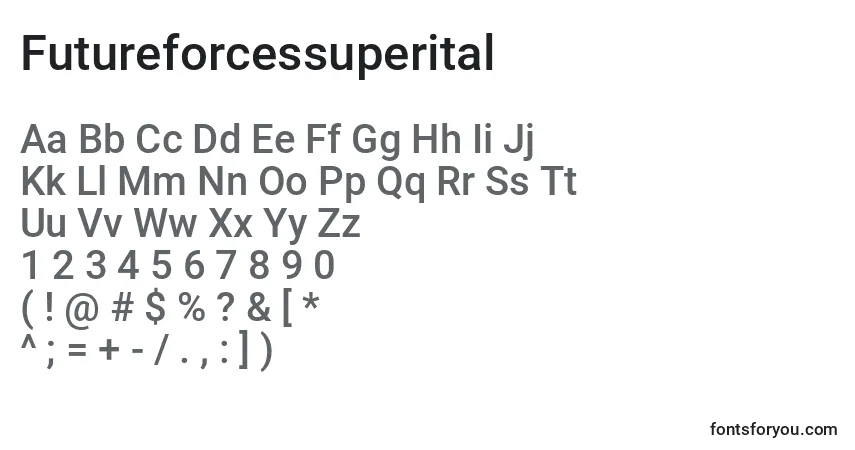 A fonte Futureforcessuperital – alfabeto, números, caracteres especiais