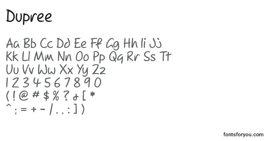 A fonte Dupree – alfabeto, números, caracteres especiais