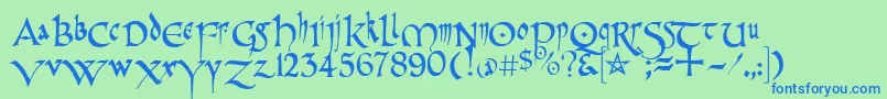 PrCelticNarrow-Schriftart – Blaue Schriften auf grünem Hintergrund