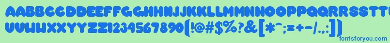 OvermuchRegular-Schriftart – Blaue Schriften auf grünem Hintergrund