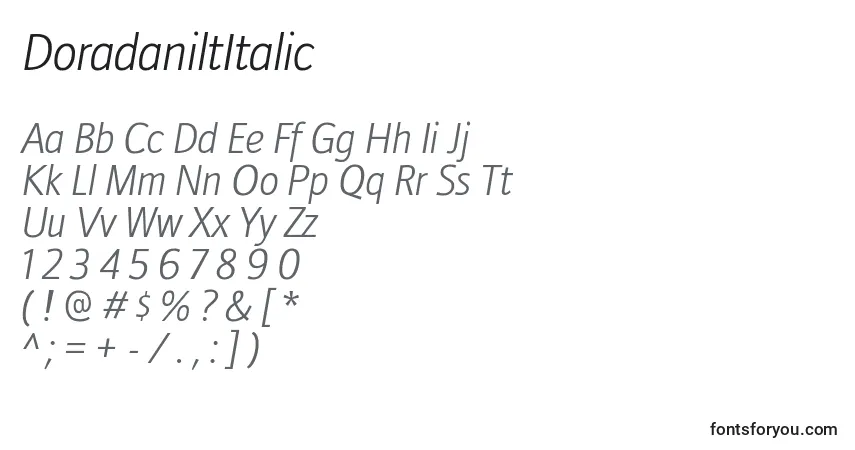 Schriftart DoradaniltItalic – Alphabet, Zahlen, spezielle Symbole