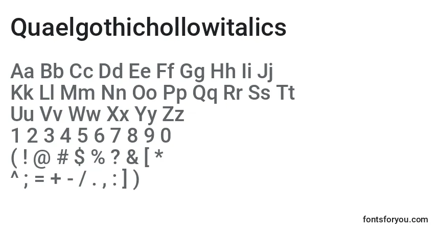 Шрифт Quaelgothichollowitalics – алфавит, цифры, специальные символы