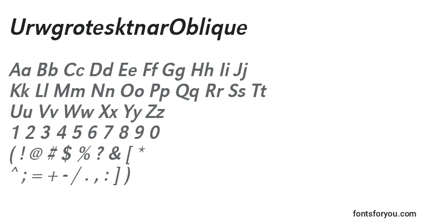Czcionka UrwgrotesktnarOblique – alfabet, cyfry, specjalne znaki
