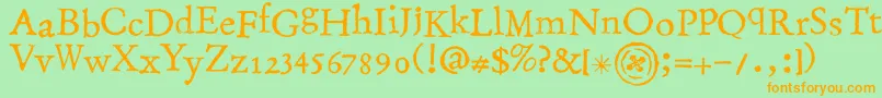 フォントStampingNico – オレンジの文字が緑の背景にあります。