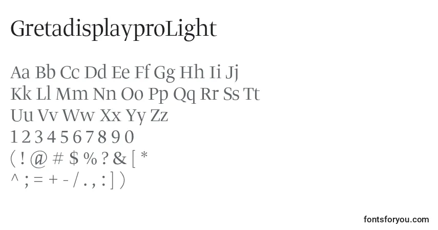 A fonte GretadisplayproLight – alfabeto, números, caracteres especiais