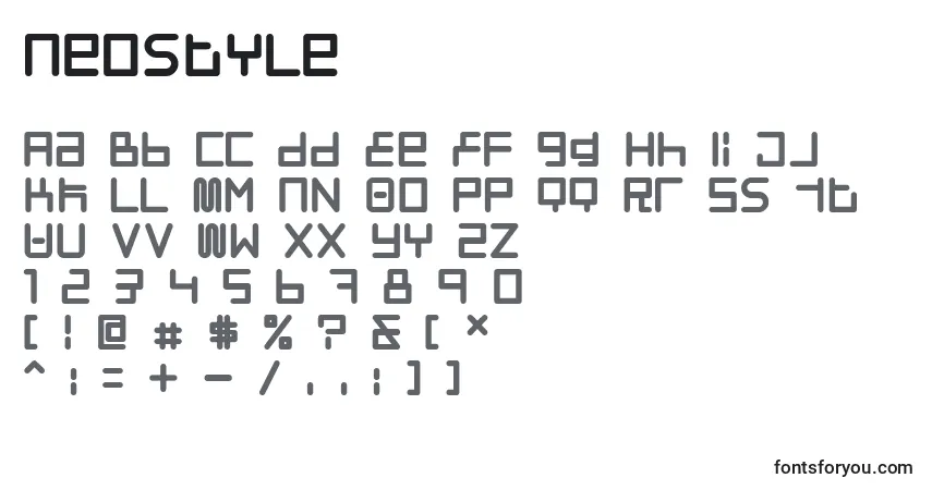 Czcionka Neostyle – alfabet, cyfry, specjalne znaki