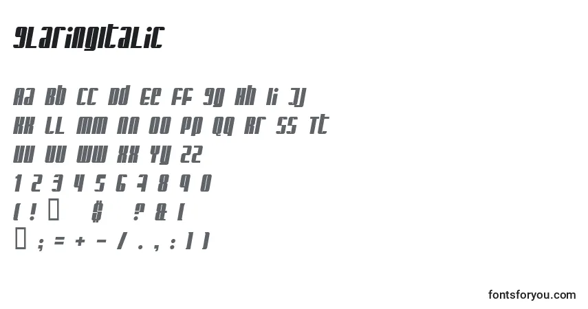 A fonte GlaringItalic – alfabeto, números, caracteres especiais