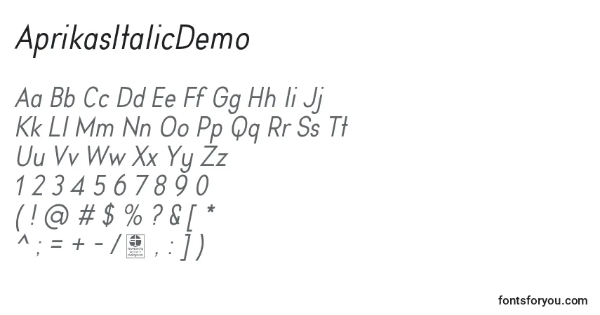 Шрифт AprikasItalicDemo – алфавит, цифры, специальные символы