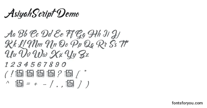 A fonte AsiyahScriptDemo (57166) – alfabeto, números, caracteres especiais