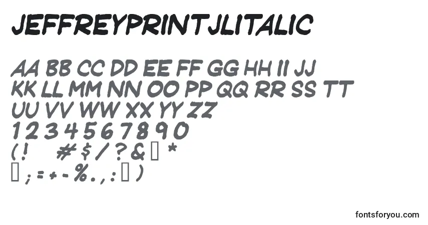 JeffreyprintJlItalic-fontti – aakkoset, numerot, erikoismerkit