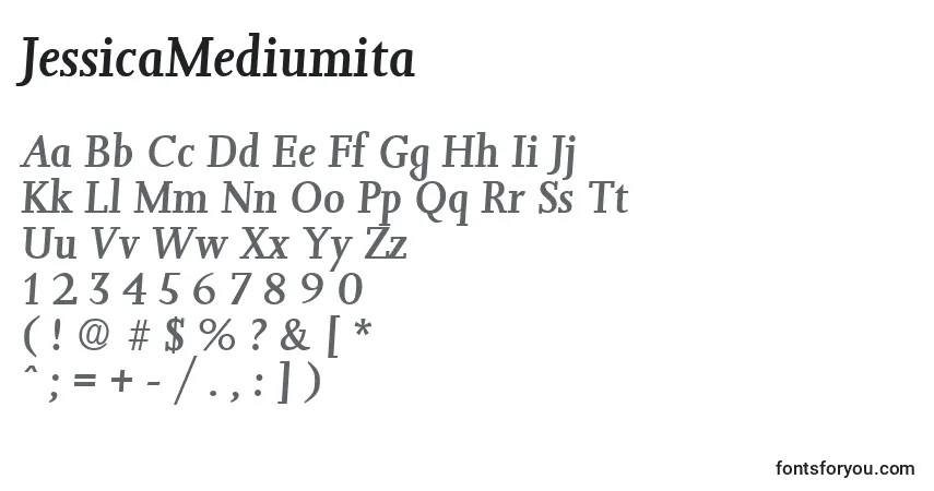 A fonte JessicaMediumita – alfabeto, números, caracteres especiais
