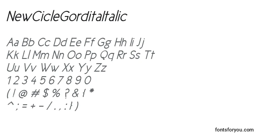 Шрифт NewCicleGorditaItalic – алфавит, цифры, специальные символы