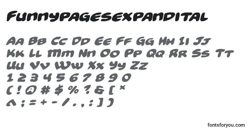 Шрифт Funnypagesexpandital – алфавит, цифры, специальные символы