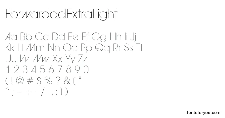 A fonte ForwardadExtraLight – alfabeto, números, caracteres especiais