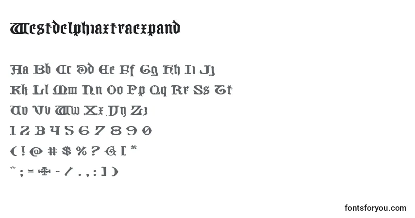 A fonte Westdelphiaxtraexpand – alfabeto, números, caracteres especiais