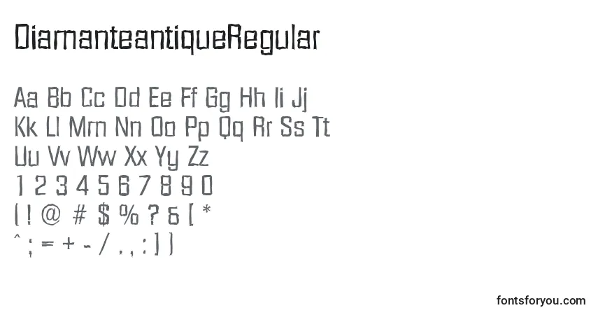 Czcionka DiamanteantiqueRegular – alfabet, cyfry, specjalne znaki