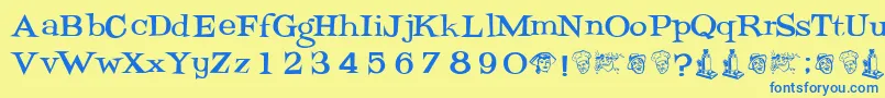 フォントPotrzebie – 青い文字が黄色の背景にあります。