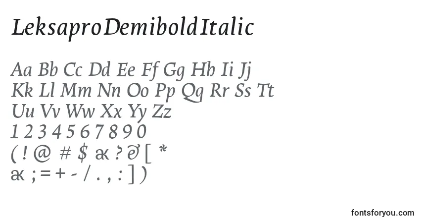 Шрифт LeksaproDemiboldItalic – алфавит, цифры, специальные символы