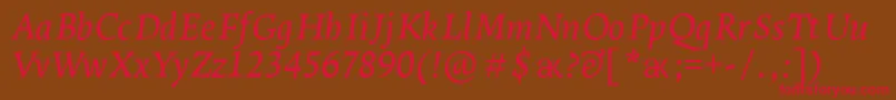 フォントLeksaproDemiboldItalic – 赤い文字が茶色の背景にあります。
