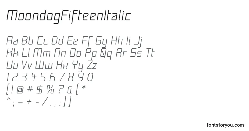 A fonte MoondogFifteenItalic – alfabeto, números, caracteres especiais