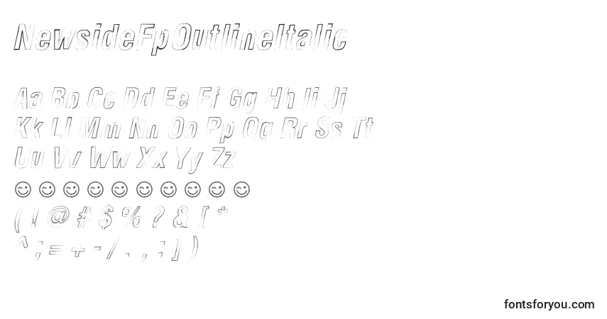 Шрифт NewsideFpOutlineItalic – алфавит, цифры, специальные символы
