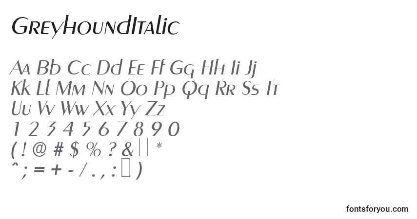 Czcionka GreyhoundItalic – alfabet, cyfry, specjalne znaki