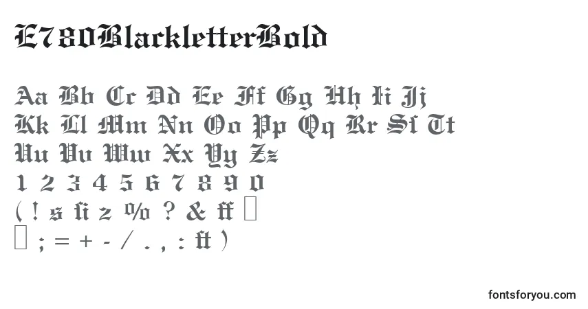 Czcionka E780BlackletterBold – alfabet, cyfry, specjalne znaki