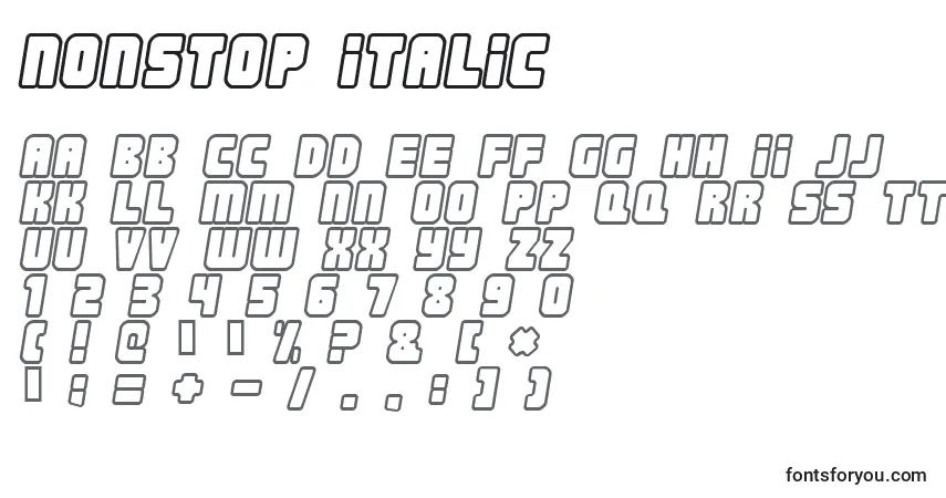 Schriftart Nonstop Italic – Alphabet, Zahlen, spezielle Symbole