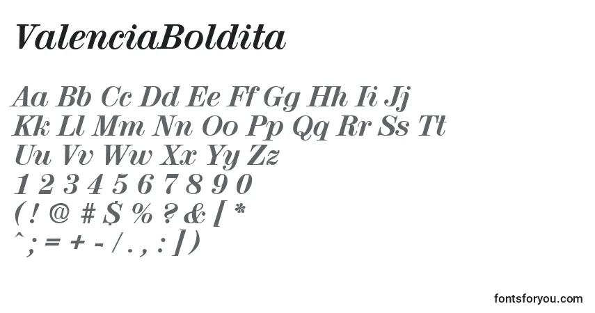 Schriftart ValenciaBoldita – Alphabet, Zahlen, spezielle Symbole