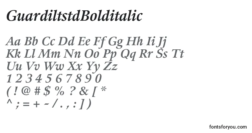 Czcionka GuardiltstdBolditalic – alfabet, cyfry, specjalne znaki