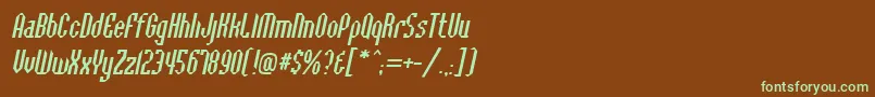 フォントBaccusbevelItalic – 緑色の文字が茶色の背景にあります。