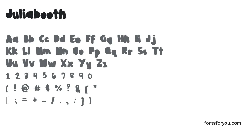 A fonte Juliabooth – alfabeto, números, caracteres especiais