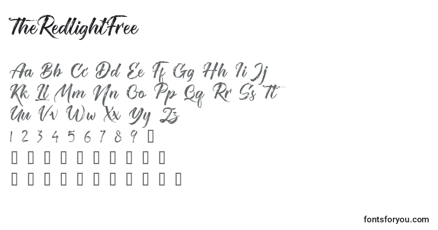 Czcionka TheRedlightFree – alfabet, cyfry, specjalne znaki