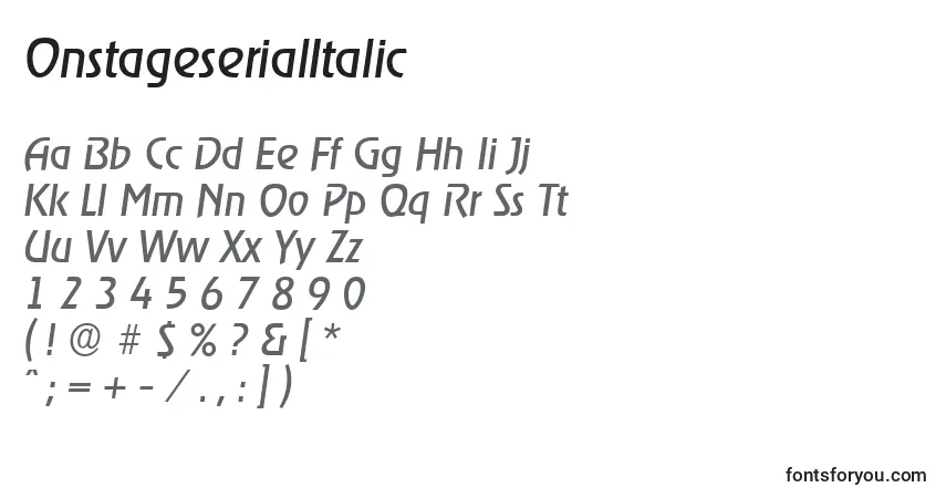 A fonte OnstageserialItalic – alfabeto, números, caracteres especiais