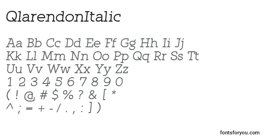 A fonte QlarendonItalic – alfabeto, números, caracteres especiais