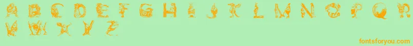 ElfabetDecorativeフォントについての詳細 フォントElfabetDecorative – オレンジの文字が緑の背景にあります。