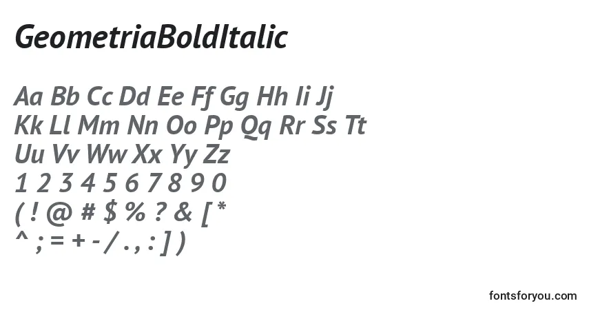 Czcionka GeometriaBoldItalic – alfabet, cyfry, specjalne znaki