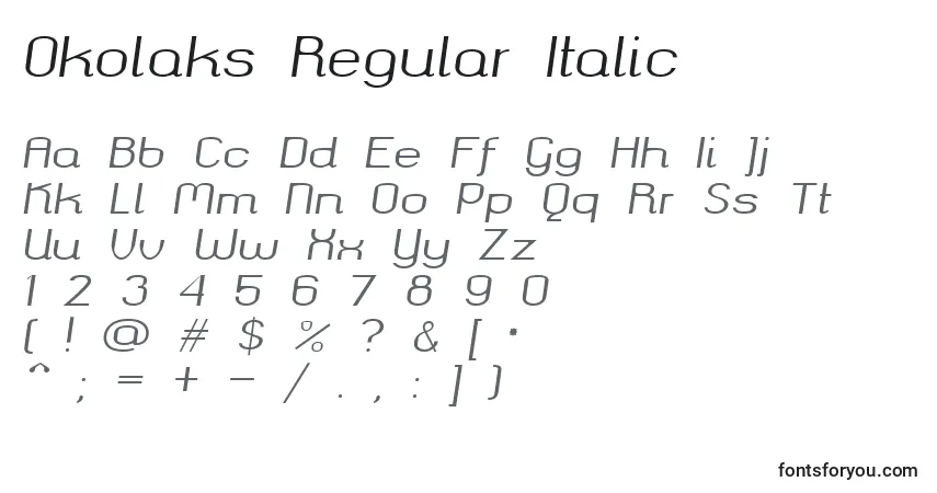 Schriftart Okolaks Regular Italic – Alphabet, Zahlen, spezielle Symbole