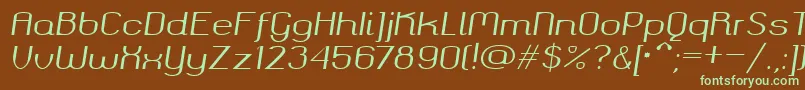 フォントOkolaks Regular Italic – 緑色の文字が茶色の背景にあります。