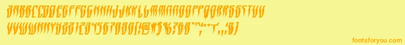 フォントSwordtoothwarpital – オレンジの文字が黄色の背景にあります。