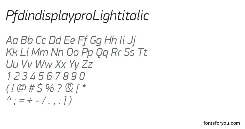 Schriftart PfdindisplayproLightitalic – Alphabet, Zahlen, spezielle Symbole