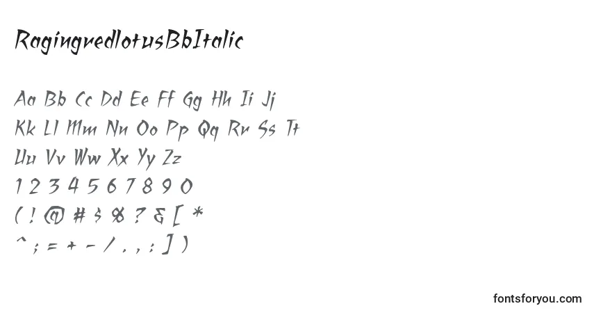 Schriftart RagingredlotusBbItalic – Alphabet, Zahlen, spezielle Symbole