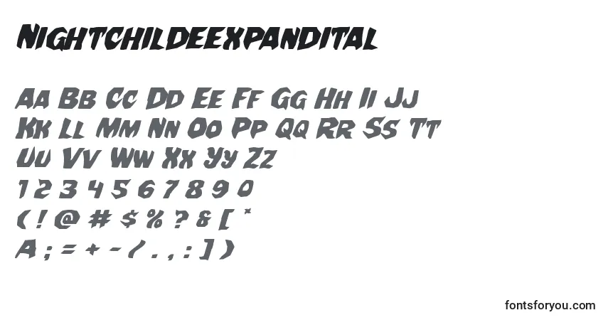 Czcionka Nightchildeexpandital – alfabet, cyfry, specjalne znaki