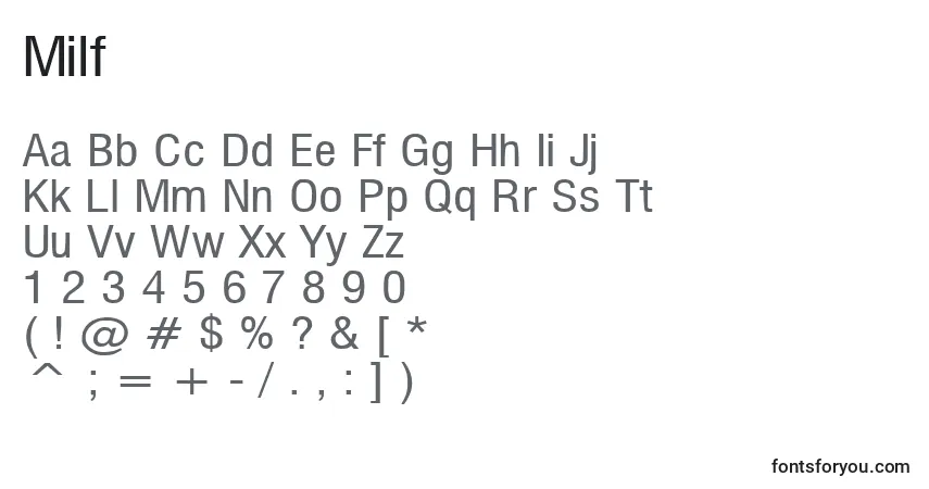 Czcionka Milf – alfabet, cyfry, specjalne znaki