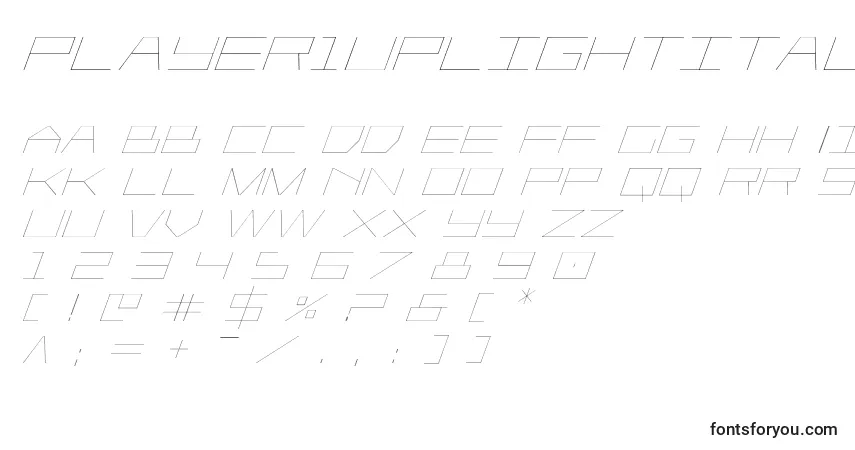 A fonte Player1uplightitalic – alfabeto, números, caracteres especiais