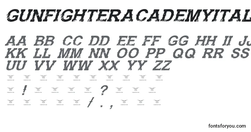 Schriftart GunfighteracademyItalic – Alphabet, Zahlen, spezielle Symbole